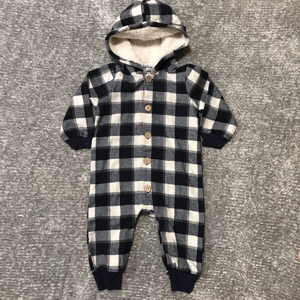 EEUC Mud Pie Navy gingham jumpsuit with fleece hood 9/12mo